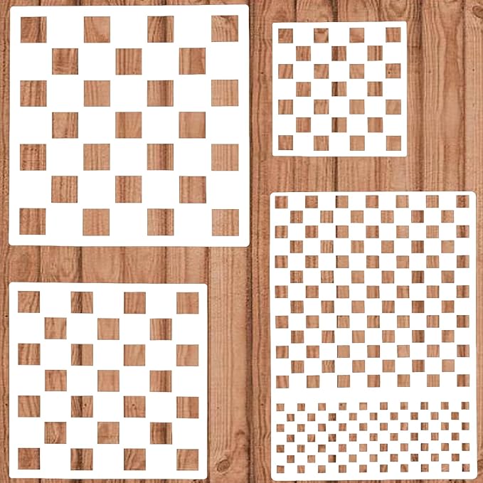 Checkerboard Stencils - 4 Pcs Assorted Sizes Reusable Checks Templates for Wood, Pillows, Walls, Scrapbooks, Cards, and DIY Crafts