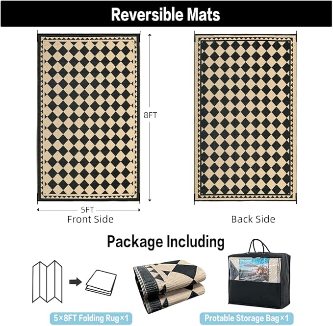 HUGEAR Outdoor Rug for Patios Clearance,Waterproof Mat,Large Outside Carpet,Reversible Plastic Straw Camping Rugs,Rv,Porch,Deck,Camper,Balcony,Backyard (5x8,Checkered/Black&Beige)
