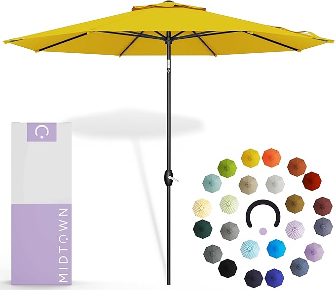 Midtown Umbrellas - 10-Year-No-Fade 10 Ft Patio Umbrella with Terylast Fabric, Auto-Tilt Aluminum Frame and 8 Reinforced Ribs for Deck, Pool, Garden & Beach - Sunflower Yellow Canopy, Black Pole