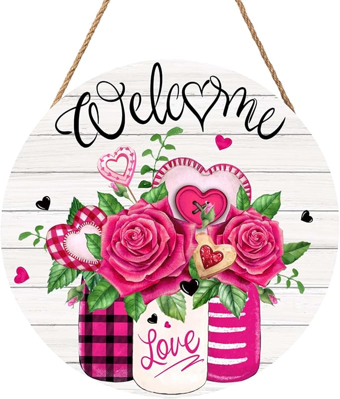 Welcome Valentine's Day Rose Flower Door Sign For Front Door Decor,Mason Jar Pink Love Heart Wooden Sign 12"x 12" Round Wood Hanging Door Sign Anniversary Wedding Decoration for Wall Rustic Decor