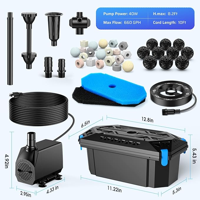 Antfraer 660GPH Pond Filter with RGB Auto-Cycle LED Lights - Built-in 40W Pump & 3-Stage Pond Filters for Outdoor Ponds, Koi Fish Ponds, Garden Fountains, Waterfalls & Aquariums (Corded Electric)