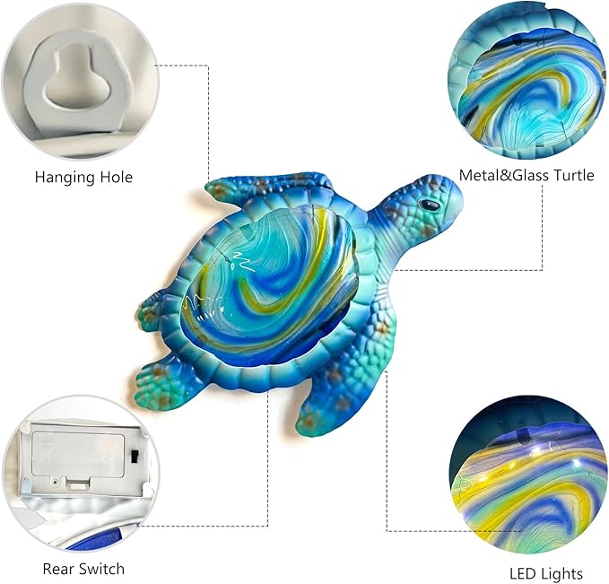 LIFFY Metal Fish Wall Decor with Frame-Outdoor Wall Art, Wall Decor with LED Fairy Lights, Fish Glass Art Wall Sculpture for Patio,Beach,Garden,Yard,Pool,home gift(2pcs, Blue) (Light Turtle)
