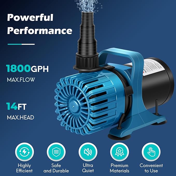 100W 1800 GPH Pond Pump for outdoor Ponds, with 180° Adjustable Outlet, 20FT Cord & Barrier Bag, Ultra-Quiet Fountain Pump, Waterfall Pump, UL Listed