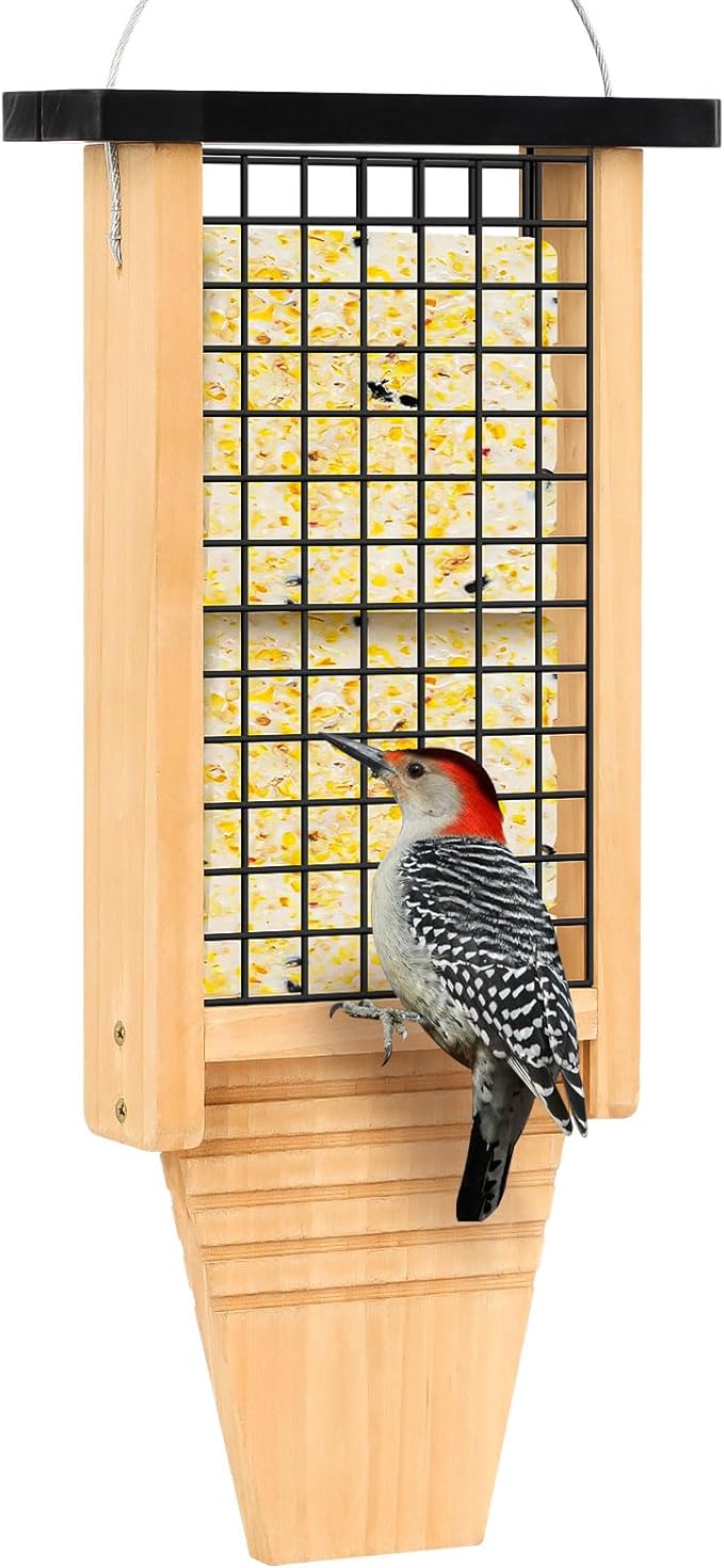 Wooden Suet Bird Feeder for Outside Hanging, Large Woodpecker Suet Feeder with Tail Prop, Double Suet Cakes Hanging Bird Feeder for Wild Birds, 1 Pack, Black