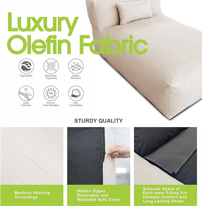 Bean Bag Chaise Lounge Chair Outdoor, Water Resistant Floor Lounge Chairs Foam Filled for Pool & Outside, Patio Day Bed Modern Furniture Set, Comfy Lazy Sofa Couch Bean Bag, Light Beige