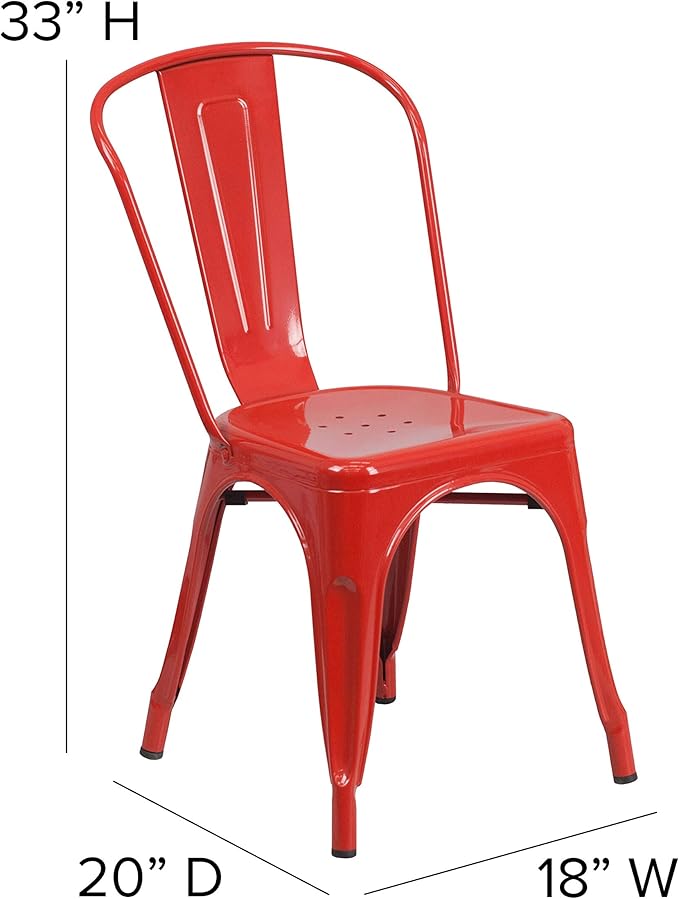 EMMA + OLIVER Commercial Grade 31.5" Square Red Metal Indoor-Outdoor Table Set-4 Stack Chairs