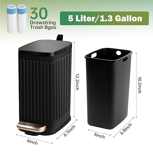 Small Dog Poop Trash Can Outside Soft Close Odor Filter&Step Pedal, 5L/1.3 Gal Stainless Steel Black Bathroom Garbage Can with Lid Inner Bucket,Slim Metal Waste Basket- Bedroom Office Cat Poop