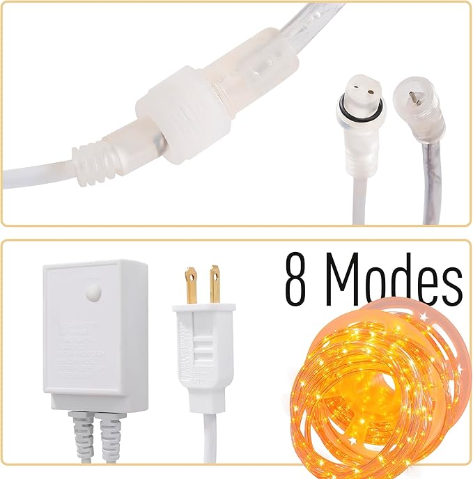 Waterproof LED Rope Lights, Connectable & Flexible with 8 Modes, Outdoor Lighting for Deck, Garden, Pool, Patio & Christmas Decor (Orange, 100ft)