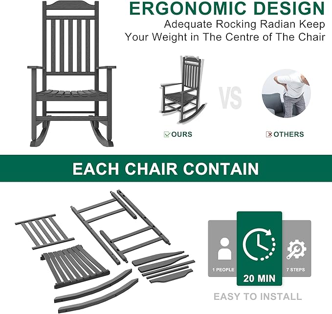 Outdoor Rocking Chair Porch Rocker All Weather Resistant Porch Rocker for Lawn Garden High Back Armrest (2,Black)