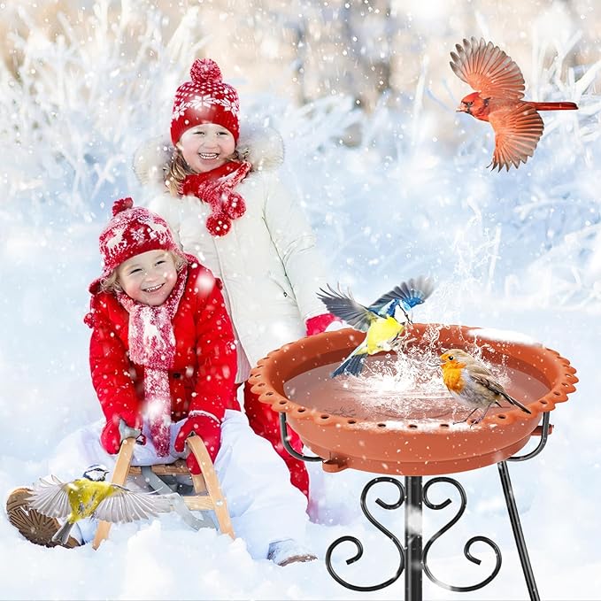 Heated Bird Baths for Outdoors,Upgraded 100W Thermostat Control Heated BirdBaths for Winter with Metal 5 Prong Base Heated Bird Bath for Outside Winter Garden Yard Patio Lawn (Brown)