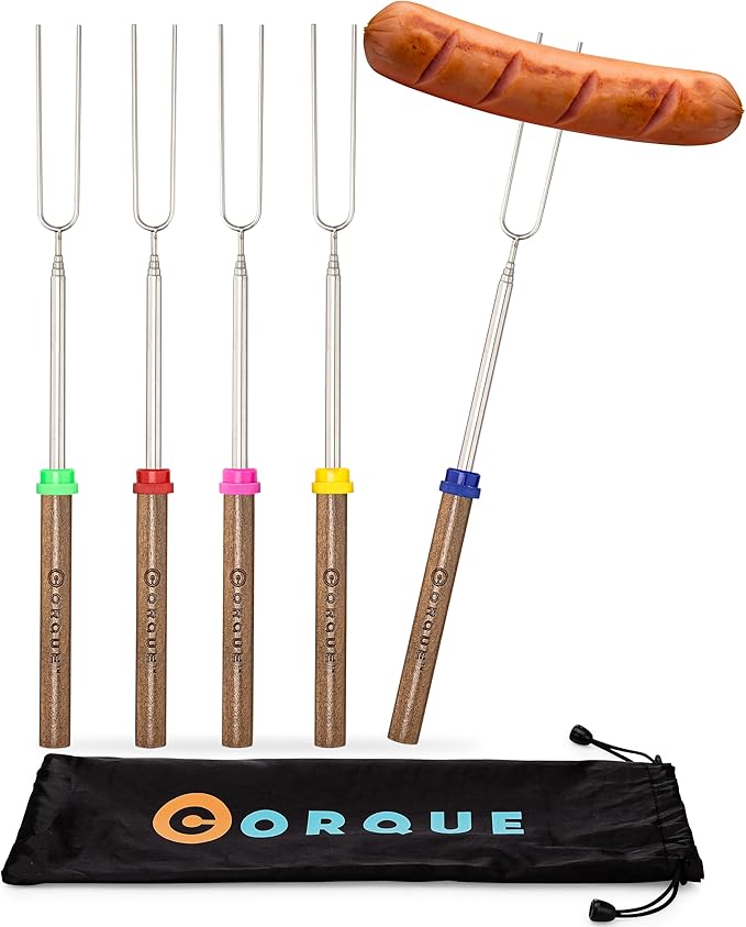 CORQUE Marshmallow Roasting Sticks, Smores Sticks, Extendable, Camping Skewer for Fire Pit, Wooden Handle, 32inch Metal for BBQ Hotdog, Cooking, Campfires, Bonfires, Set of 5