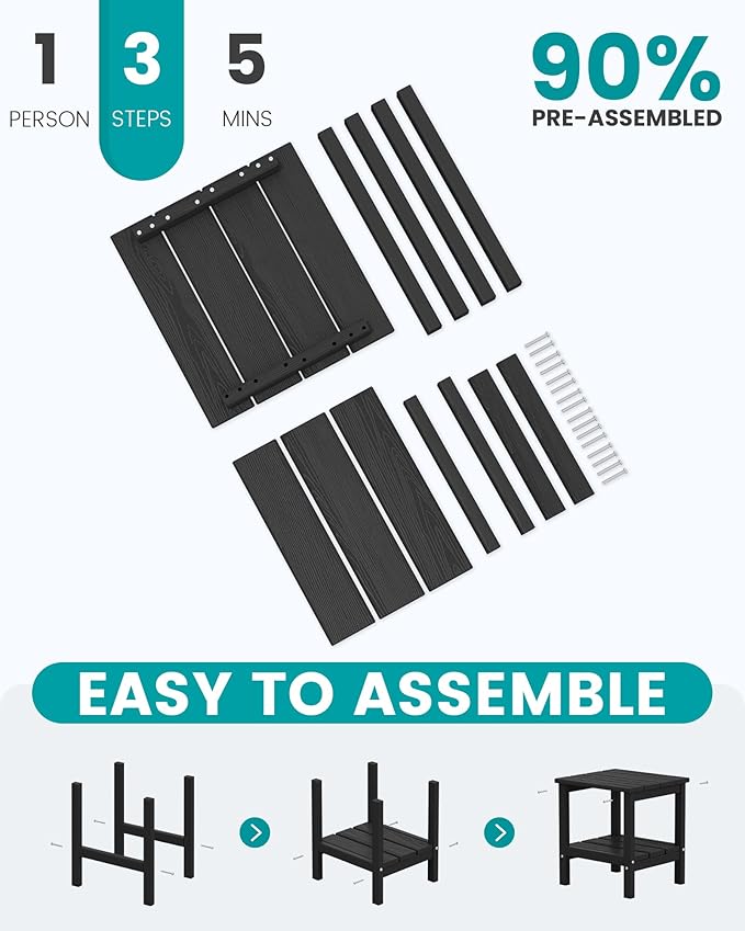 SERWALL 2-Tier HDPE Outdoor Side Tables Set of 4, Weatherproof Rectangular Adirondack Side Table, Black