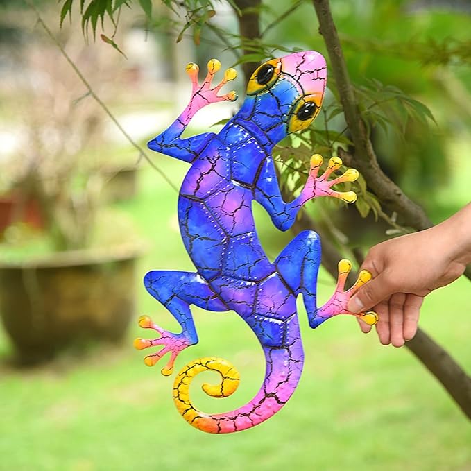 YWHWXB Metal Gecko Wall Decor,Outdoor Hanging Lizard Wall Art,Colorful Metal Lizards Wall Art Decor for Indoor/Outdoor Garden/Balcony/Yard Fence Decoration(16.9 ×10.6 × 0.5 in,Blue)