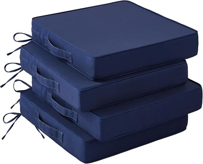 Patio Chair Cushions, 19" x 19" x 3" Outdoor Chair Cushions Set of 4, Waterproof Outdoor Cushions for Patio Furniture, Outdoors Seat Cushions Set of 4 with Handle and Ties, Navy Blue