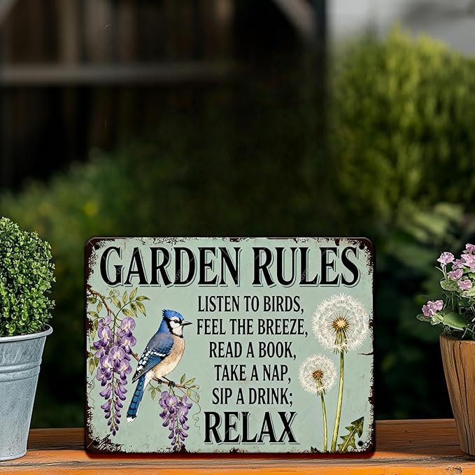 Garden Rules Tin Sign Vintage Metal Plaque for Patio Porch Yard She Shed Home Outdoor Wall Decor 16x12 Inch