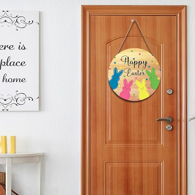 Anyako Happy Easter Yellow Door Sign For Front Door Decor,Cute Bunny Colored Polka Dots Wooden Sign 12"x 12" Round Hanging Spring Summer Door Sign Decoration for Wall Rustic Decor