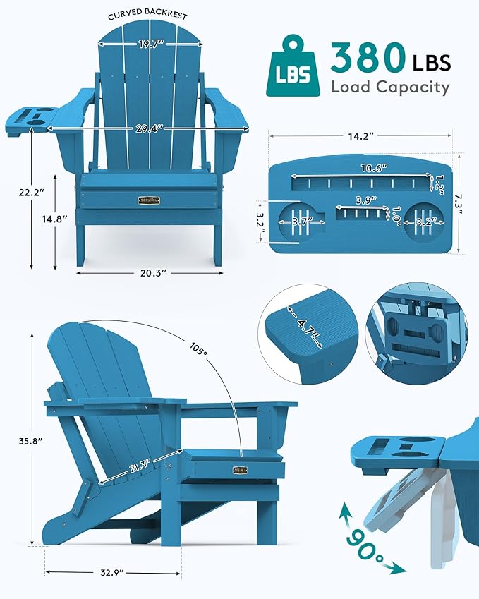 SERWALL Folding Adirondack Chair with 4 in 1 Multi-Functional Cup Holder, Wood Texture Adirondack Chairs for Patio Garden Outdoors, All-Weather Plastic Fire Pit Chairs - Sapphire