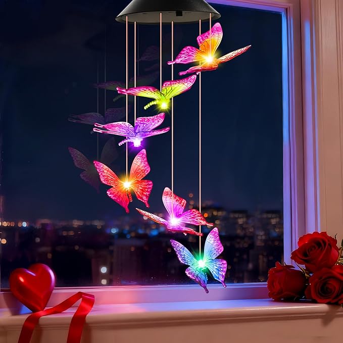 Valentines Day Gifts for Her Mom Grandma, Birthday Gardening Gifts for Women, Winzwon Solar Lights Outdoor Wind Chimes for Garden Yard Patio Porch Decor Hanging Butterfly Decorations