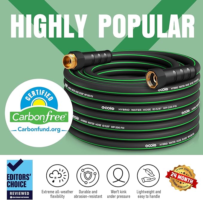 Garden Hose 25ft with 10 Function Nozzle, NON-EXPANDABLE Flexible Water Hose, Kink Resistant Lightweight Hybrid Hose, Leakproof Hose Male to Female Fittings