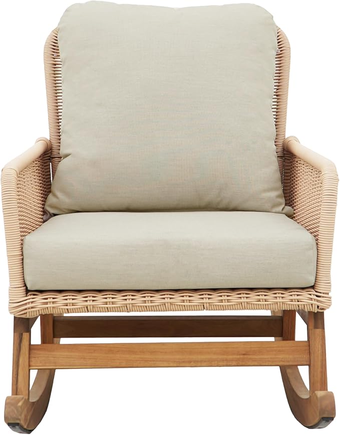 Christopher Knight Home Nadine Patio Rocking Chair, Wicker Rocker, Wood Leg Rocking Chair, PE Rattan Wicker Chair, Rocking Chair with Cushions, Comfort Wicker Rocker for Backyard Balcony Porch, Beige