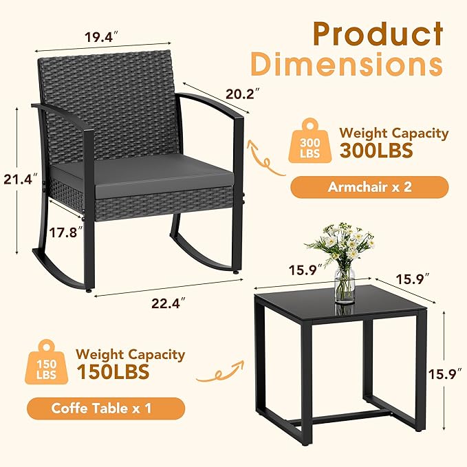 Greesum 3 Pieces Outdoor Furniture Set Patio Bistro Rocking Chairs with Glass Coffee Table for Pool Beach Backyard Balcony Porch Deck Garden, Gray