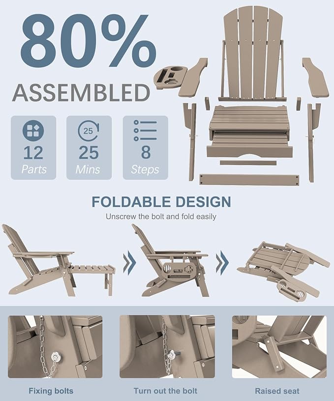 Adjustable Adirondack Chair with Retractable Ottoman Set of 8, HDPE Folding Adirondack Chair with Cup Holder, All Weather Fire Pit Chair for Outdoor.