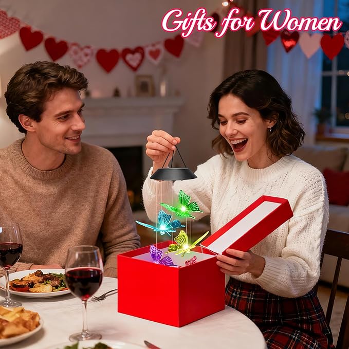 Valentines Day Gifts for Her Mom Grandma, Birthday Gardening Gifts for Women, Winzwon Solar Lights Outdoor Wind Chimes for Garden Yard Patio Porch Decor Hanging Butterfly Decorations