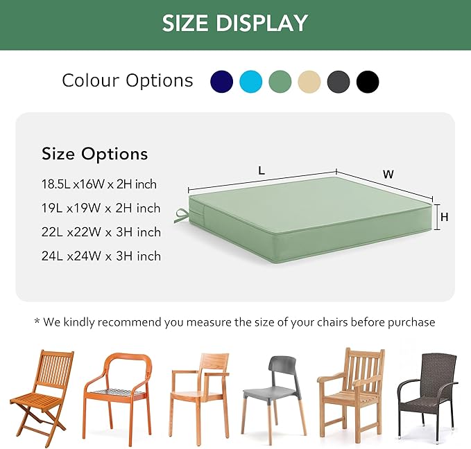 Outdoor Chair Cushions Set of 2: Waterproof & Fade Resistant Seat Cushion for Patio Furniture - 18.5 x 16 x 2 Inch Chair Pads with Ties and Hidden Zipper - Chair Cushion Replacement, Sage Green
