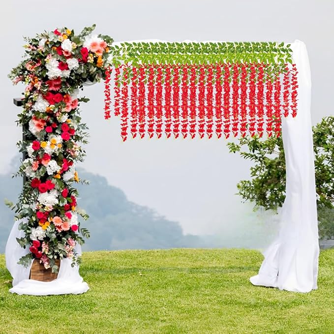 Artificial Wisteria Hanging Flowers Fake Wisteria Flower Garland Silk Vines Rattan Decor for Home Wedding Arch Wall Garden Greenery Bedroom Outdoor Office Party Decoration(24, Red)