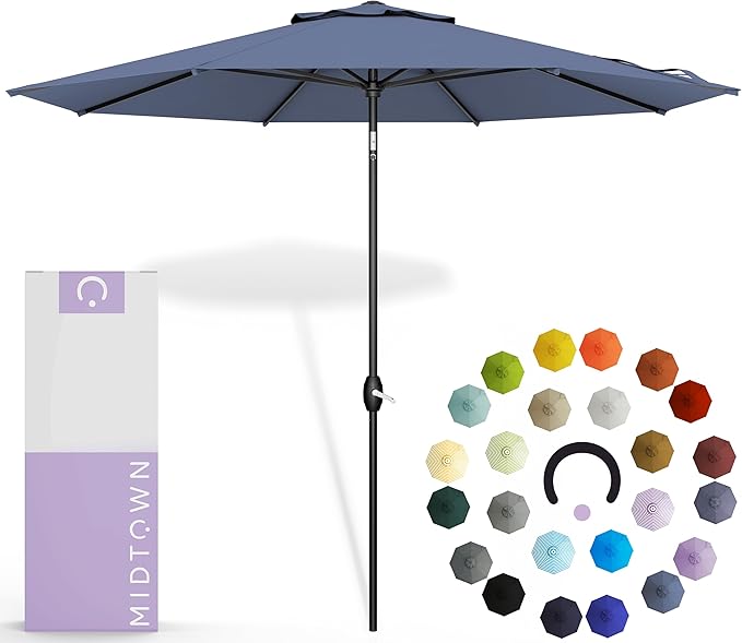 Midtown Umbrellas 10-Year-No-Fade - 8 Ft - UV Proof Light Navy Polyester Fabric - Umbrella Outdoor Patio, Auto-Tilt Aluminum Frame Patio Umbrella for Garden, Pool & Deck - Black Pole