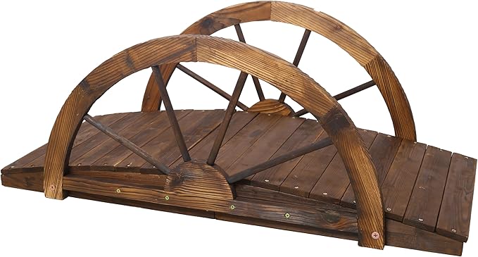 3.3 FT Wooden Garden Bridge, Stained Finish Decorative Pond Bridge with Half-Wheel Style Railings & Solid Fir Construction, Decorative Pond Bridge for Outdoor Garden Yard Backyard Creek Farm, Brown
