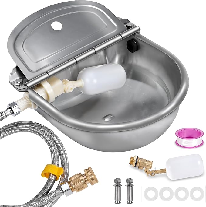 Automatic Water Dispenser for Dog,Stainless Steel Outdoor Dog Water Bowl Dispenser,Auto Refill Water Feeder for Chicken Horse Goat Livestock,Pipe and Brass Valve,1/2" to 3/4" GHT Adapter