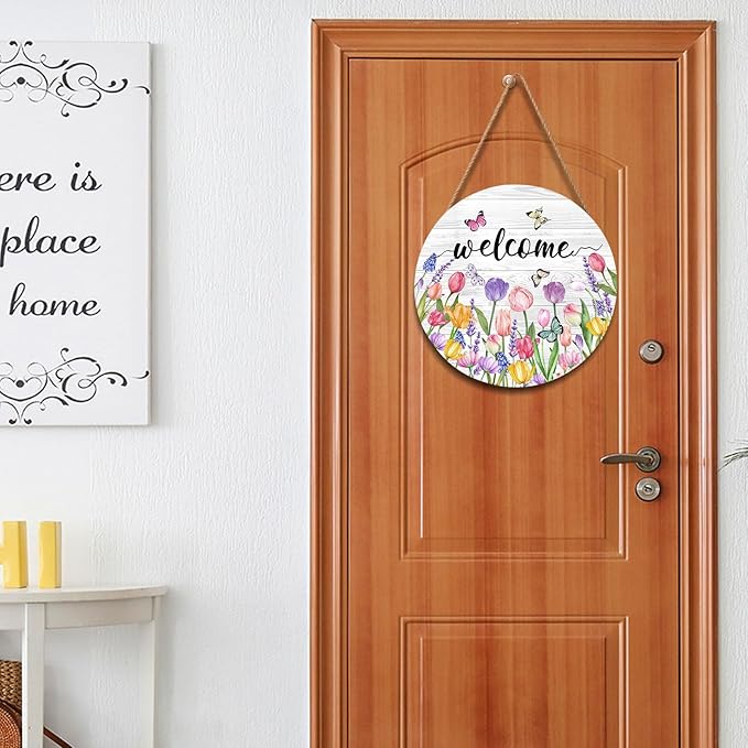 Welcome Spring Summer Tulip Flower Door Sign For Front Door Decor,Floral Butterfly Wooden Sign 12"x 12" Round Hanging Door Sign Decoration for Wall Rustic Decor