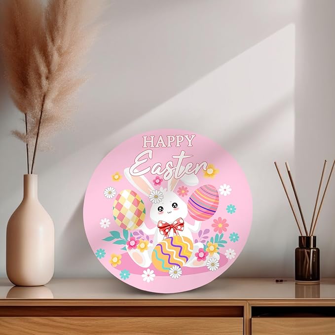 Happy Easter Bunny Front Door Signs Pink Easter Rabbit Eggs Door Hanger Spring Floral Wooden Porch Door Hanging Sign Farmhouse Decorations for Home Holiday Party