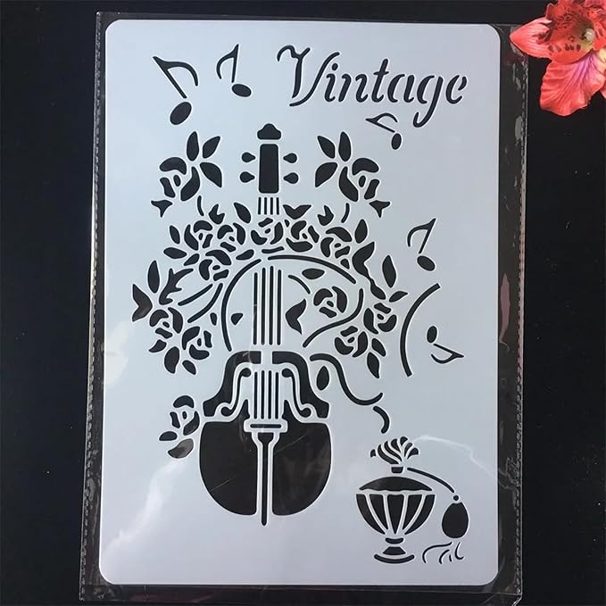 TIAMECH A4 Reusable Violin Stencil for Painting - Vintage Music Instrument Layering Template, DIY Wall Art, Wood Furniture, Scrapbook & Crafts (8.3x11.7inch)