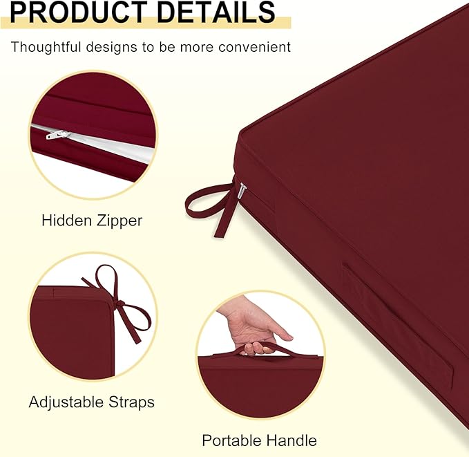 downluxe Outdoor Chair Cushions 24x24 with Removable Cover, Waterproof Patio Furniture Cushions, Deep Seat Cushions for Outdoor Furniture with Backrest for Sofa, Couch and Patio Chairs, Burgundy