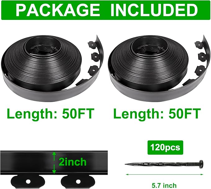 JERIA 2 Inch Tall 100 FT Garden Edging Kit with 120pcs Spikes, Plastic Edging for Landscaping