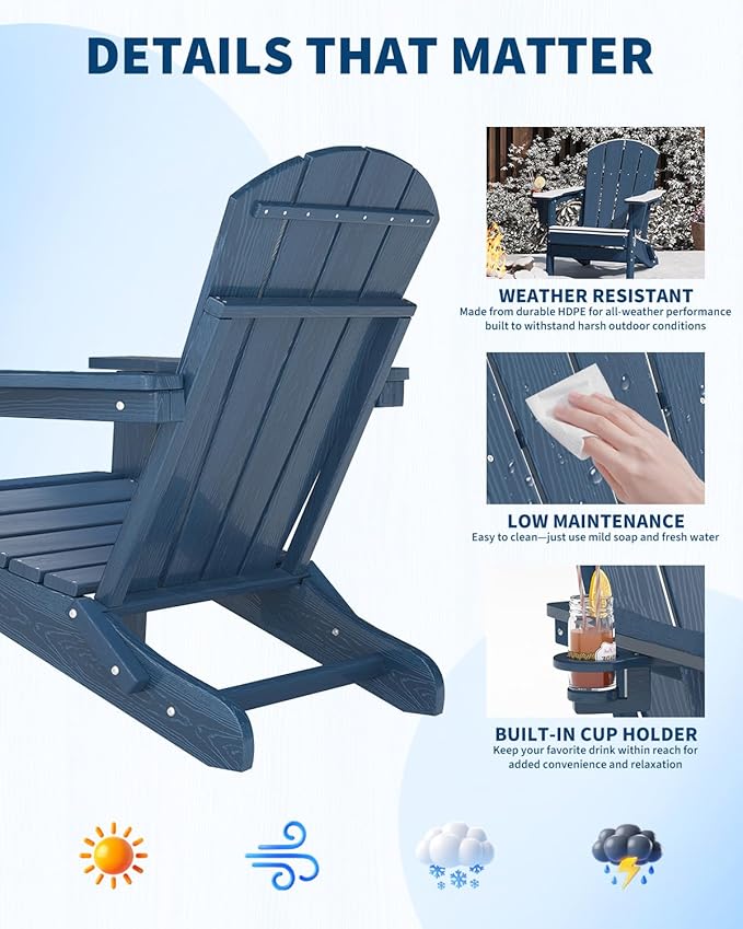 Folding Adirondack Chair Set of 2, All-Weather HDPE Outdoor Chair, Wooden Textured with Cup Holder for patios, Decks, Gardens, fire pits, Navy Blue