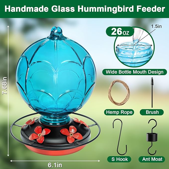 26 OZ Glass Hummingbird Feeder for Outdoors Hanging - Hand-Blown Hot Air Balloon Design - Leak-Proof & Ant Moat - Garden Decor Gift for Mom, Blue