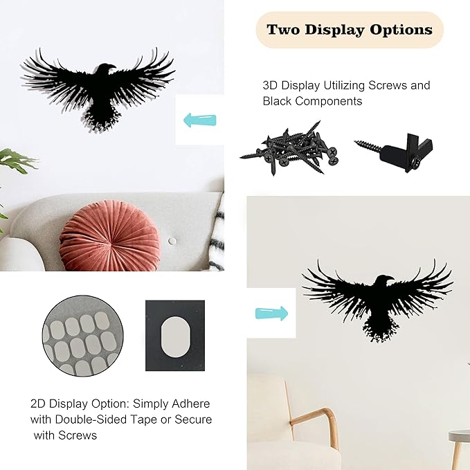 3D Metal Viking Raven Wall Art - Unique Black Crow Decor with Norse Mythology Gothic Waterproof Sculpture for Indoor Outdoor Living Room, Bedroom, Garden Home Decor