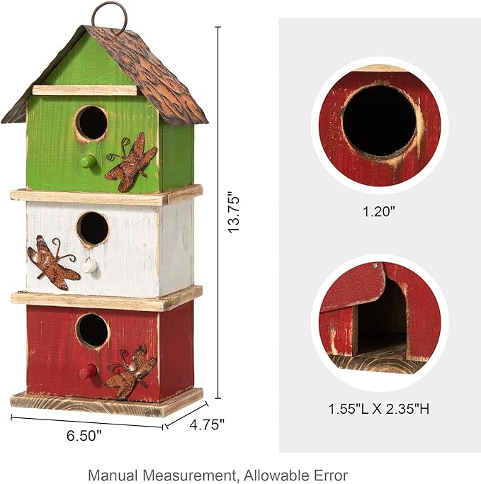 Glitzhome Bird Houses for Outside, 13.75" H Multicolored Three-Tiered Distressed Solid Wood Birdhouse Garden Hanging Bird House for Outdoors
