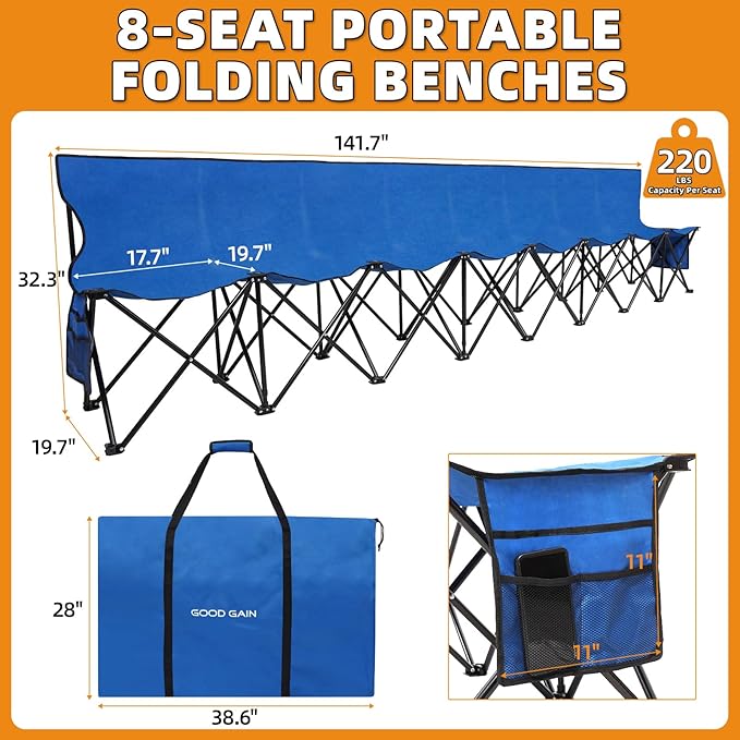 G GOOD GAIN Portable Soccer Bench - Team Bench Soccer 8 Seats with Bag, Sideline Folding Bench, Folded Chair Seating 8 for Football Camp Outdoor Sport Events, Team Chairs for Adults, Blue