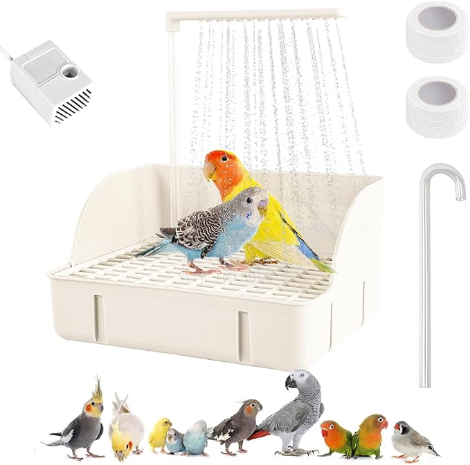 Parrot Bathtub Bird Automatic Bath Shower,Large Bird Shower Fountain Indoor Bathtub with Running Water, Contains USB and Pump,for Pet Birds, African Grey, Cockatiel, Conure, Budgie, Lovebird(White)