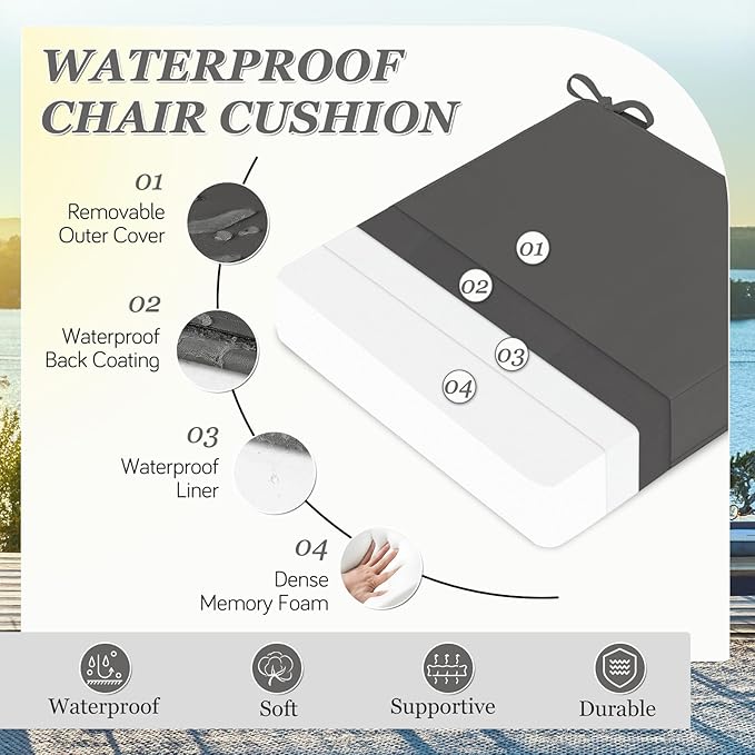Waterproof Outdoor Chair Cushions Set of 2, Square Outdoor Seat Cushions with Ties and Removable Covers, 22 x 22 Outdoor Cushions for Patio Furniture with Portable Handle(Grey)