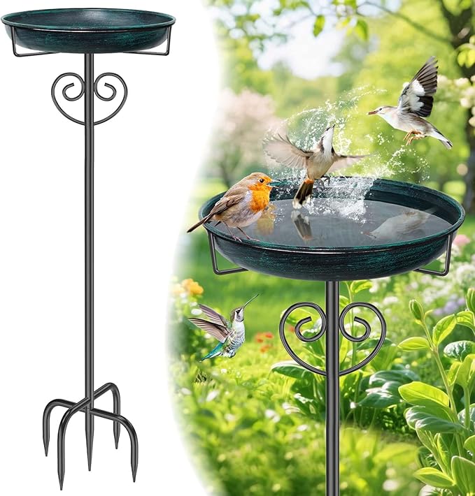 Metal Bird Bath for Outdoor, Garden Freestanding Birdbaths & Birdfeeders with Removable Bird Baths Feeder Bowl Heavy Duty 5 Prong Base for Outside Garden Patio Yard Lawn Decor (Vintage Green)