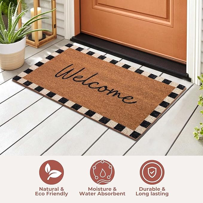 Folkulture Welcome Matt Outdoor | 16 x 28 Door Mats for Front Door Mat Outside Entrance | Eco Friendly | Welcome-Mats Cute | Checkered Coir Door Mats | Outdoor Decor for Home | Durable & Anti Slip