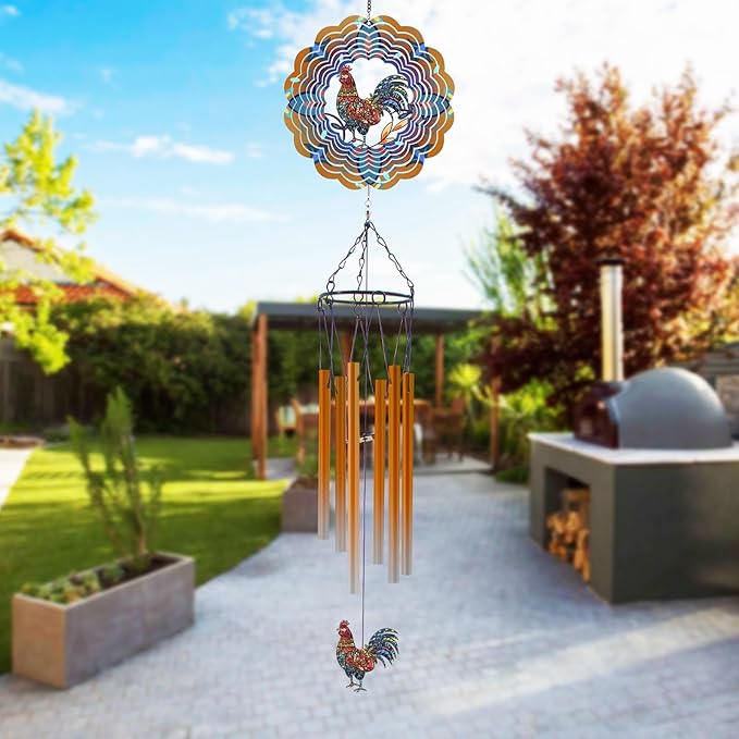 Wind Chimes with Rooster Wind Spinner, Chicken Gifts for Men, Women, Retirement, Teacher, Parents - Outdoor Hanging Decor Clearance for Garden, Patio, Backyard Or Porch