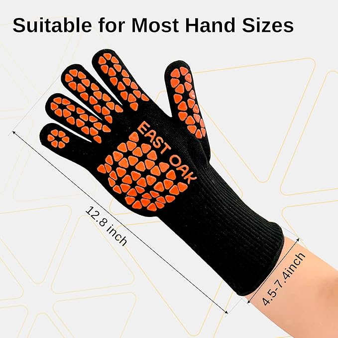 East Oak BBQ Gloves, 1472℉ Heat Resistant Gloves, Silicone Non-Slip Grill Gloves for Smoker, Fire Pits, Barbecue, Cooking, Black