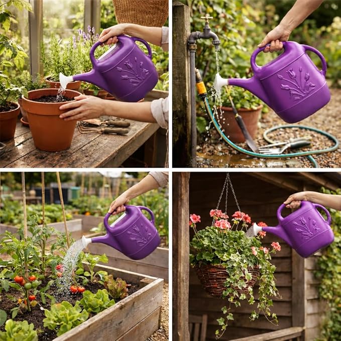 PMU 2 Gallon Watering Can - Garden Watering Can for Indoor & Outdoor Plants - Plastic Water Can with Detachable Sprinkler Head - Large Water Pot, Made in USA - Purple Pkg/1