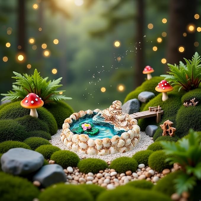 Miniature Fairy Garden Decor Set - Weather-Resistant Resin Lotus Pond and Lighthouse Sculptures with Water Well and Bridge, Outdoor Miniature Landscape Ornaments for Patio, Pond and Lawn